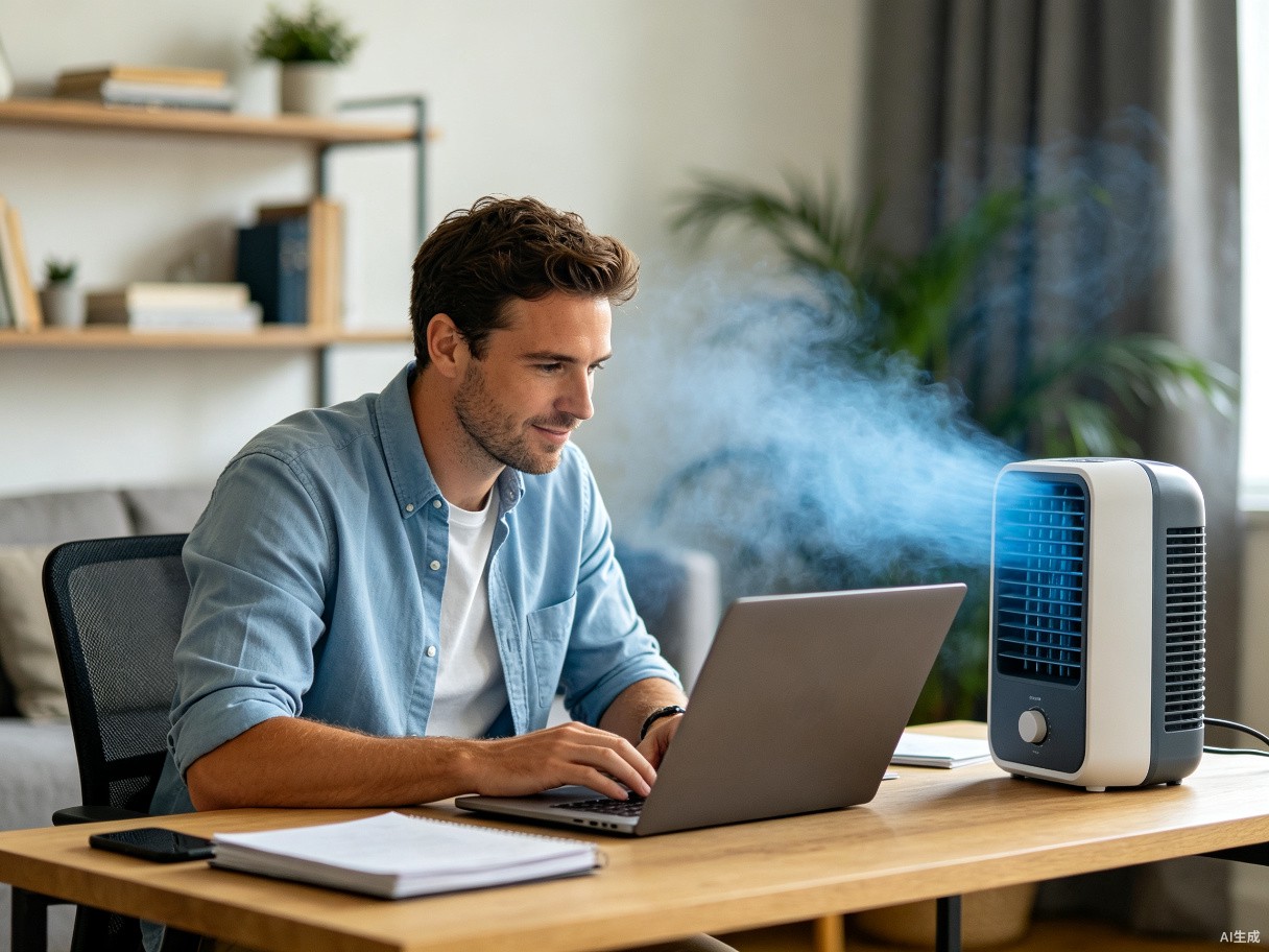 Professional working at home with cool airflow from the unit.