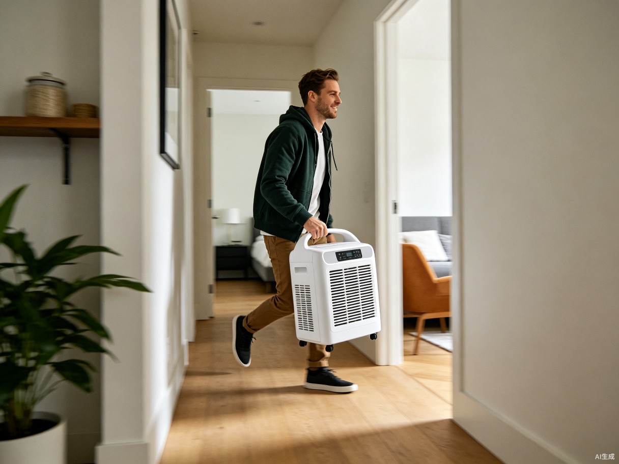A user easily carrying the unit through an apartment hallway.