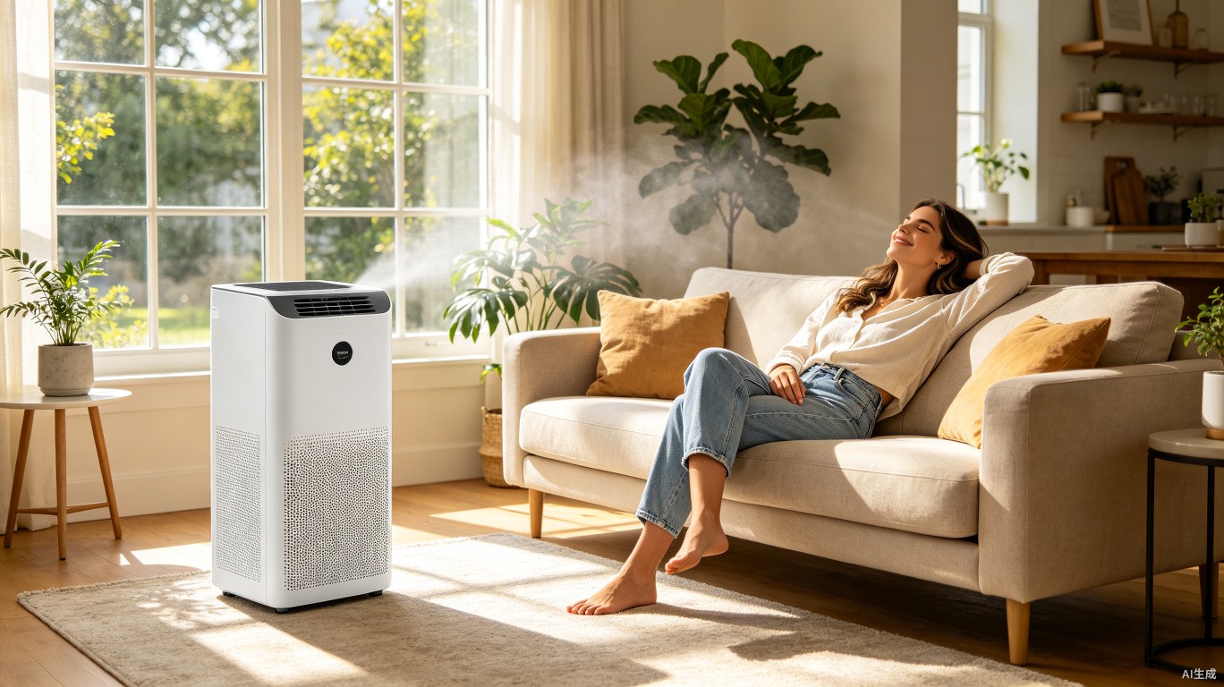A modern living room featuring the PortableAir Coolizi unit providing cool, fresh air.